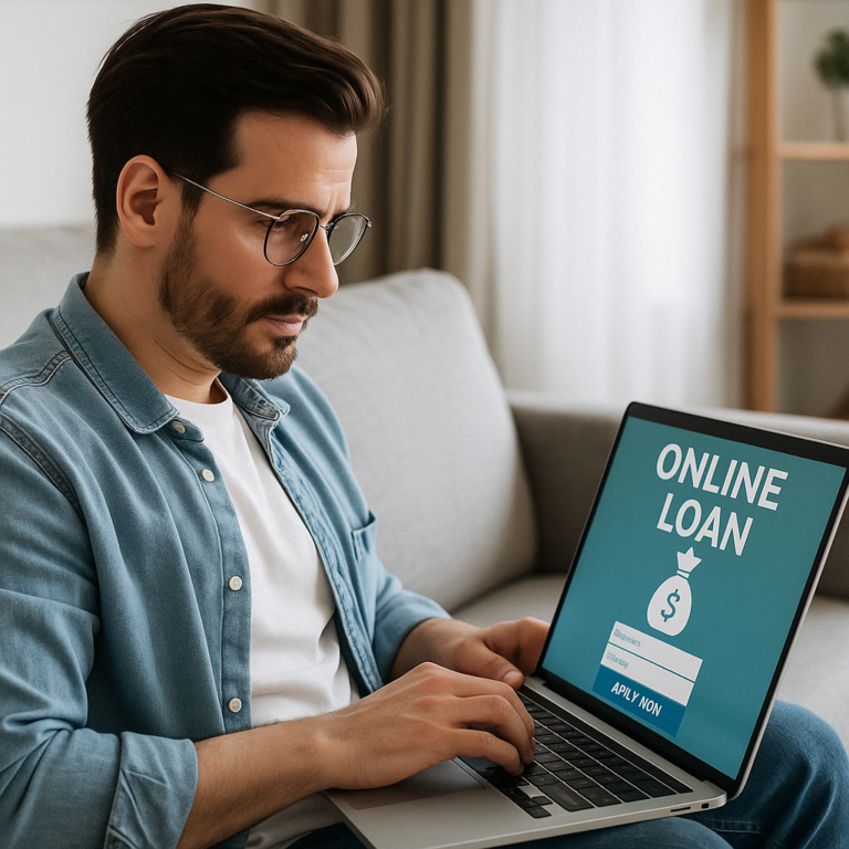 Чоловік оформлює онлайн-кредит з ноутбука вдома — швидке отримання грошей через МФО в Україні
