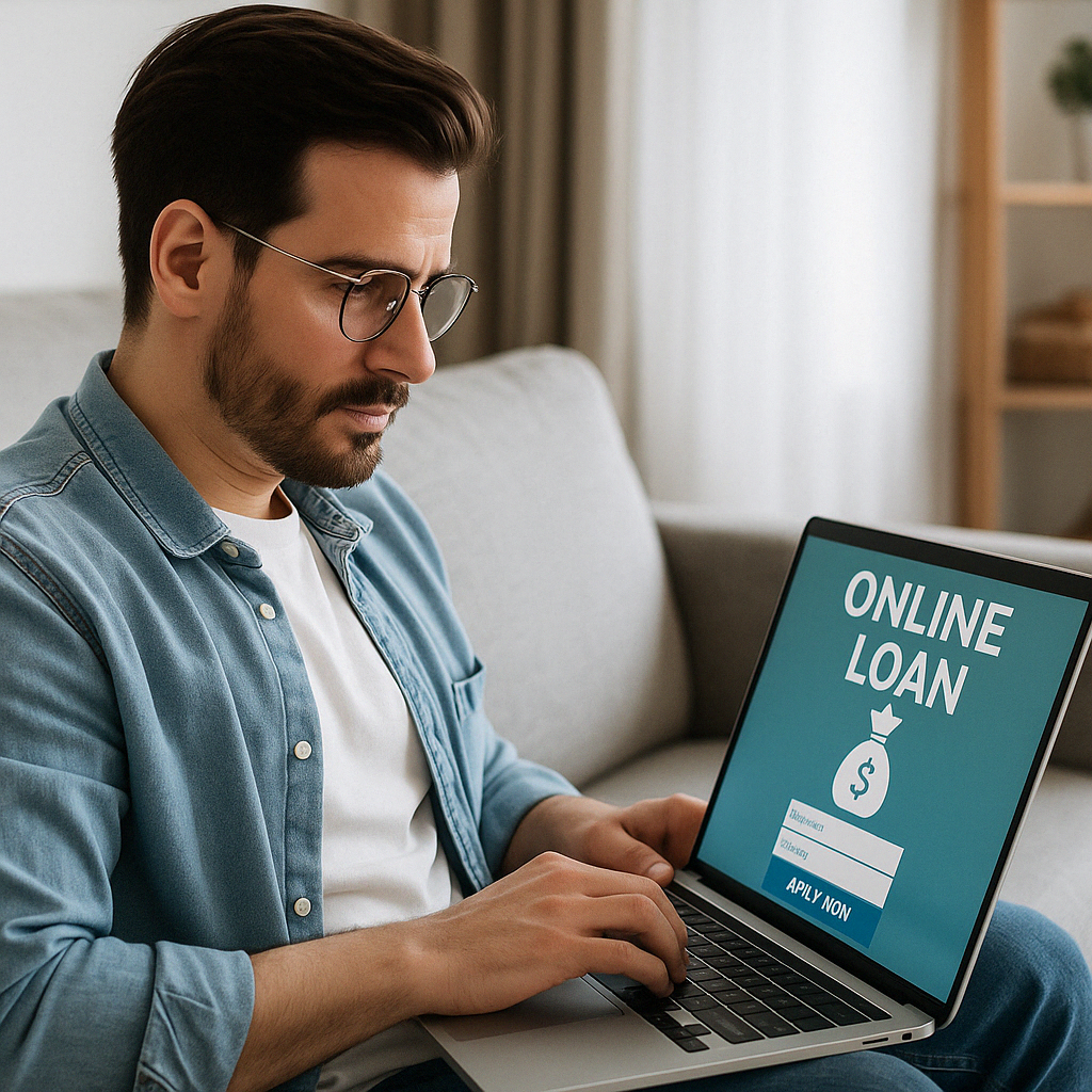 Чоловік оформлює онлайн-кредит з ноутбука вдома — швидке отримання грошей через МФО в Україні